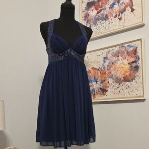 Stunning Navy Blue Flowy Mini Dress – Strappy Back Evening/special Occasions